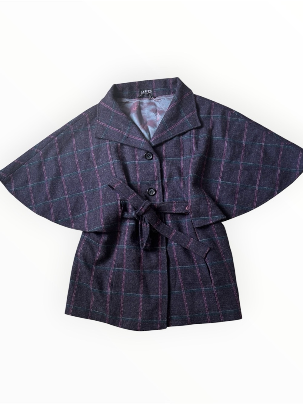 Peter James Vintage Purple and Gray Plaid Wool Cape Medium
